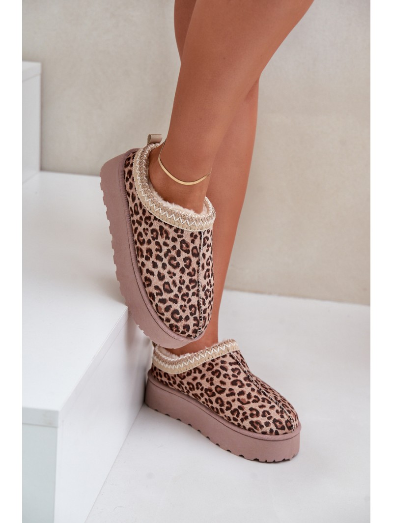 Women's Platform Snow Boots Insulated With Fur Leopard Brown Straps