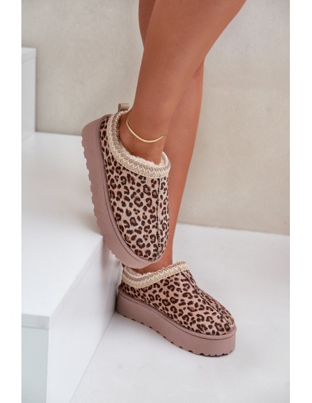 Women's Platform Snow Boots Insulated With Fur Leopard Brown Straps