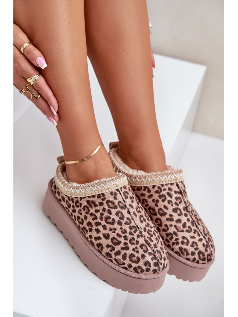 Women's Platform Snow Boots Insulated With Fur Leopard Brown Straps