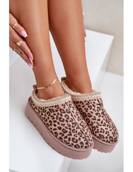 Women's Platform Snow Boots Insulated With Fur Leopard Brown Straps