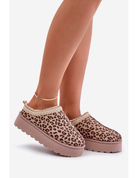 Women's Platform Snow Boots Insulated With Fur Leopard Brown Straps