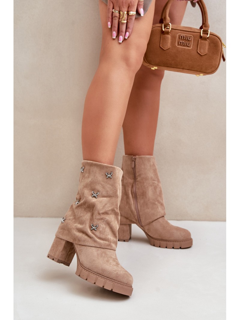 Decorated Ankle Boots With Turned Shaft On Heel Beige Esadora