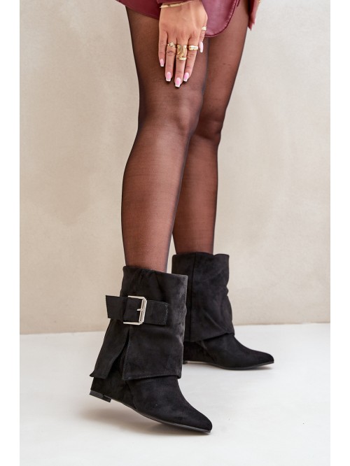 Wedge Ankle Boots With Rolled Shaft And Buckle Eco Suede Black Vortinia