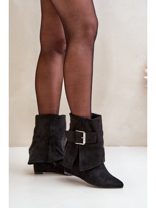 Wedge Ankle Boots With Rolled Shaft And Buckle Eco Suede Black Vortinia 2