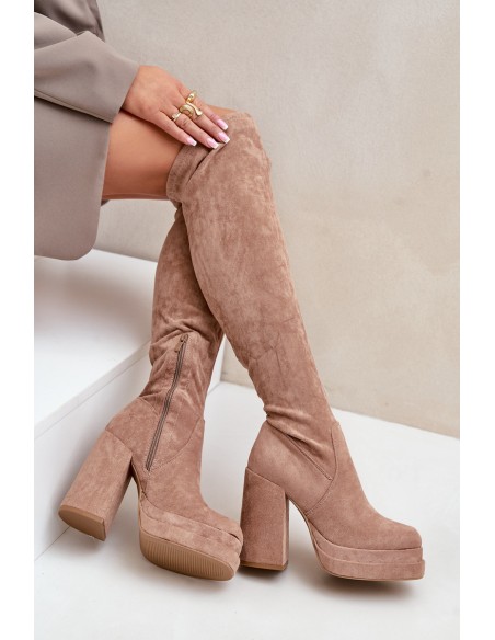 Knee High Boots With Heel And Platform Beige Nadelian