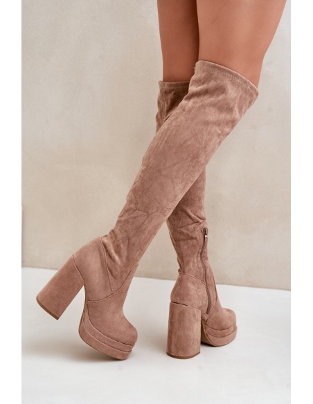 Knee High Boots With Heel And Platform Beige Nadelian