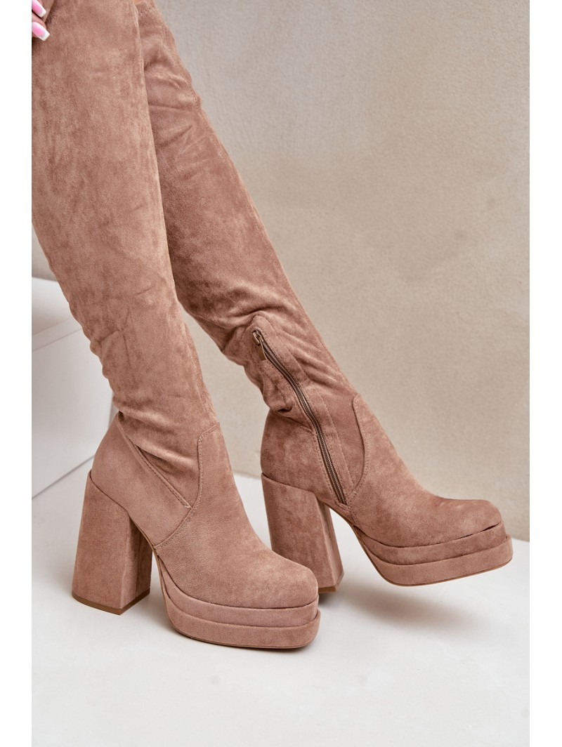 Knee High Boots With Heel And Platform Beige Nadelian