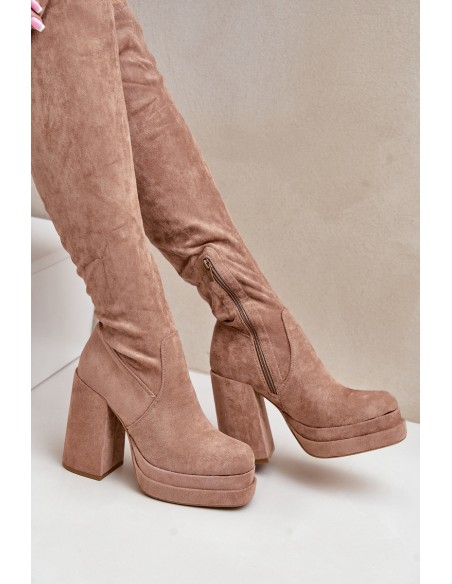 Knee High Boots With Heel And Platform Beige Nadelian