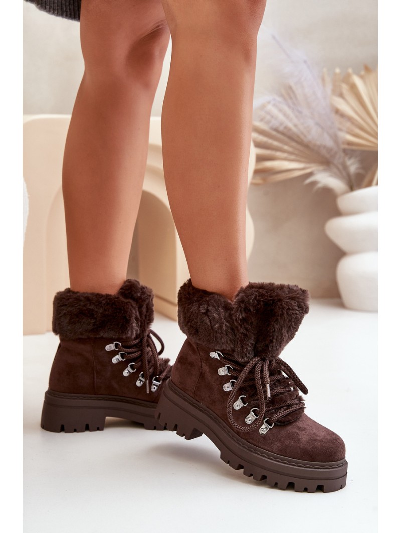 Laced Women's Boots With Fur Dark Brown Vaminia