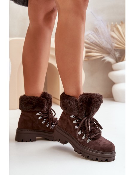 Laced Women's Boots With Fur Dark Brown Vaminia