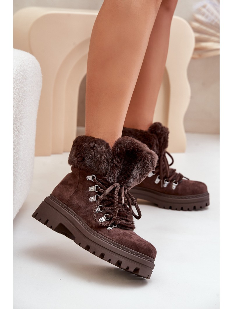 Laced Women's Boots With Fur Dark Brown Vaminia