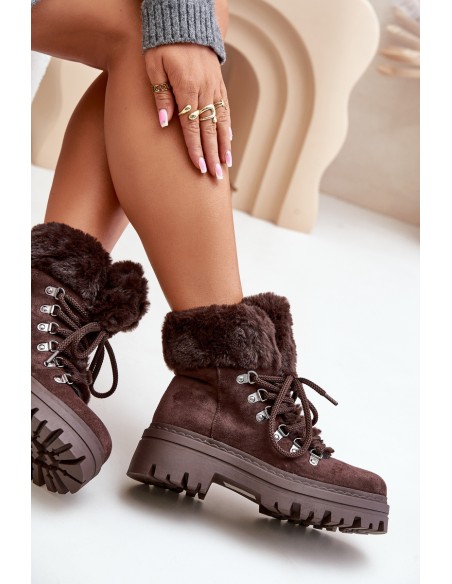 Laced Women's Boots With Fur Dark Brown Vaminia