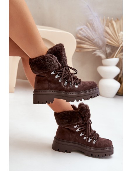 Laced Women's Boots With Fur Dark Brown Vaminia