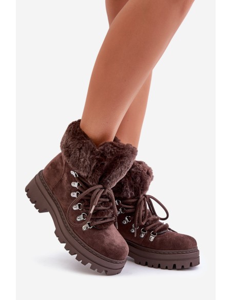 Laced Women's Boots With Fur Dark Brown Vaminia