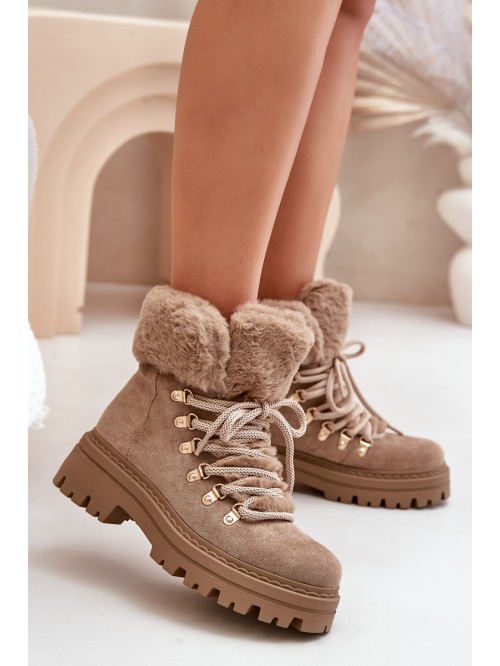 Lace Up Women Boots With Fur Dark Beige Vaminia