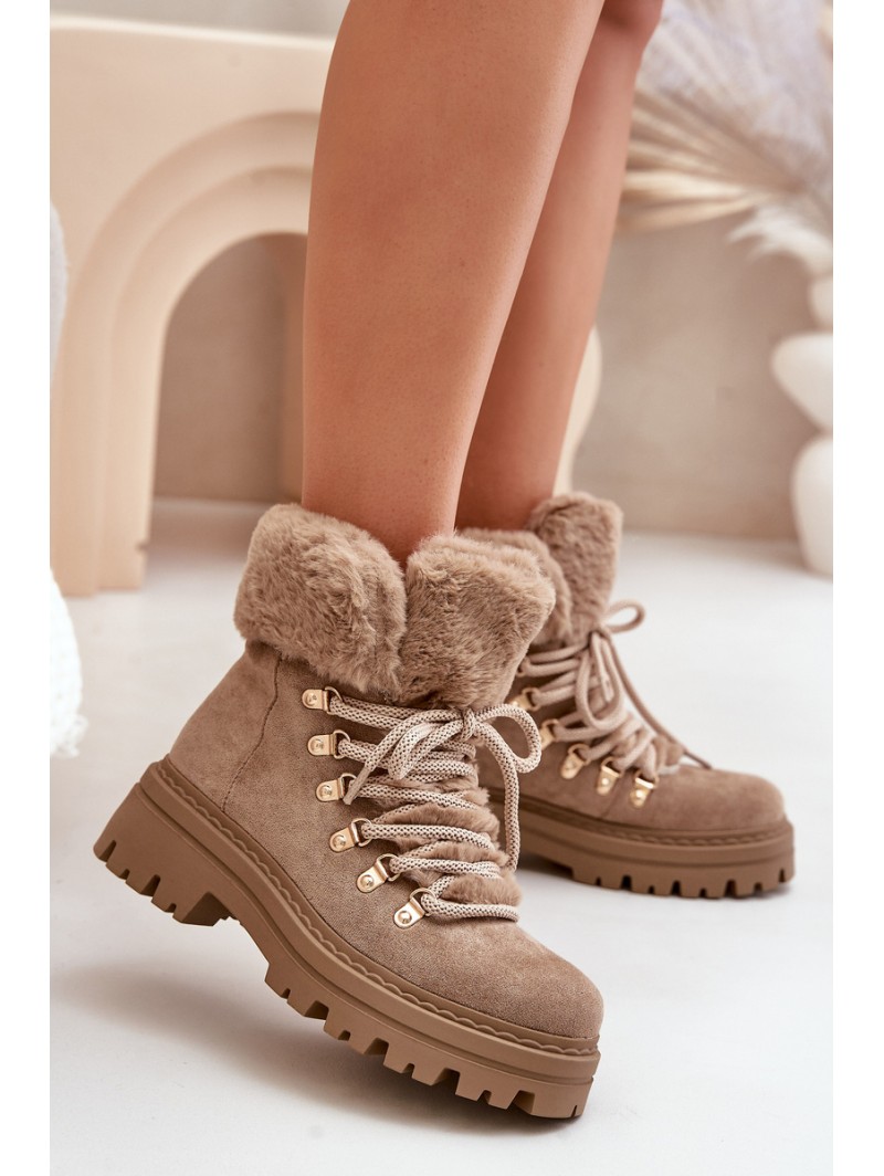 Lace Up Women Boots With Fur Dark Beige Vaminia