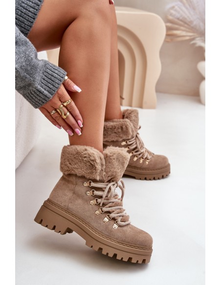 Lace Up Women Boots With Fur Dark Beige Vaminia
