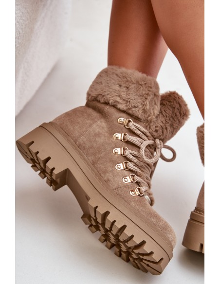 Lace Up Women Boots With Fur Dark Beige Vaminia