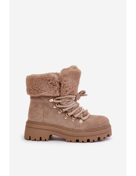 Lace Up Women Boots With Fur Dark Beige Vaminia