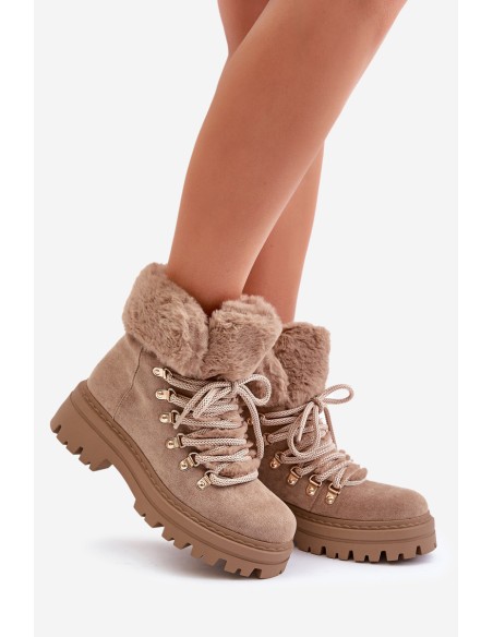Lace Up Women Boots With Fur Dark Beige Vaminia