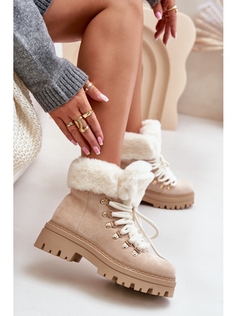 Lace-Up Women's Ankle Boots with Fur Light Beige Vaminia