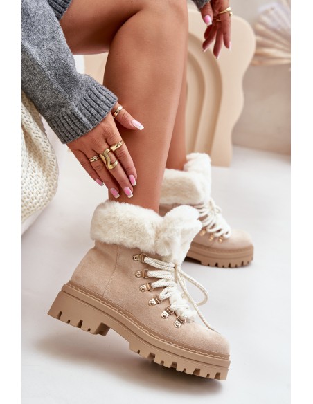 Lace-Up Women's Ankle Boots with Fur Light Beige Vaminia