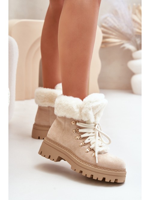 Lace-Up Women's Ankle Boots with Fur Light Beige Vaminia 2