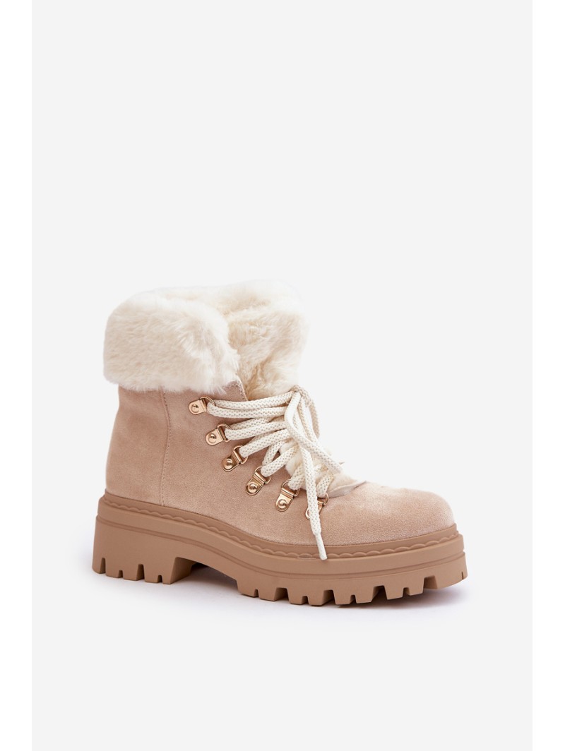 Lace-Up Women's Ankle Boots with Fur Light Beige Vaminia
