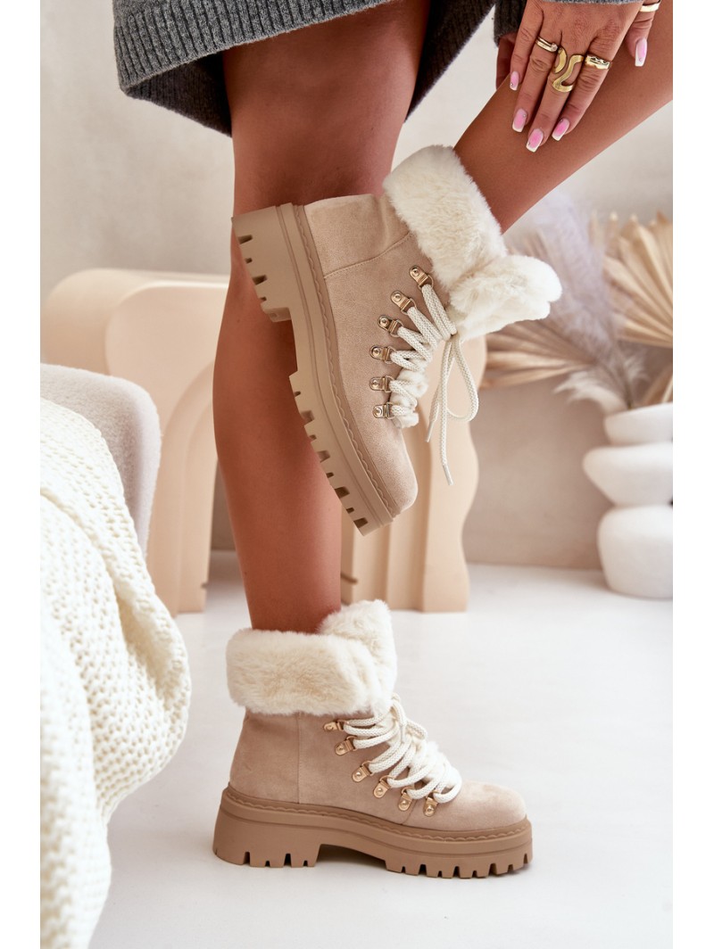 Lace-Up Women's Ankle Boots with Fur Light Beige Vaminia