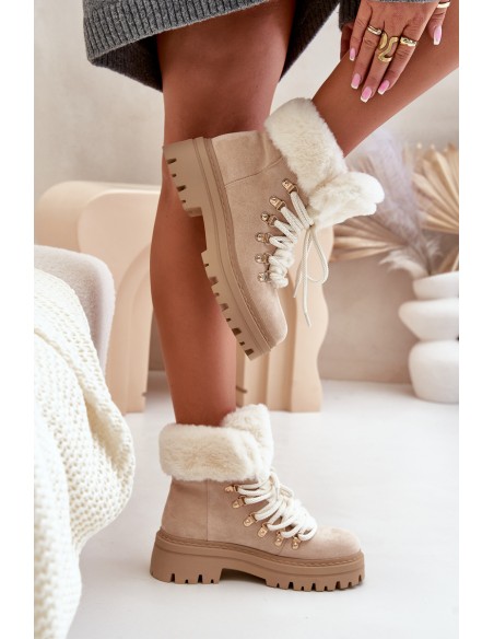 Lace-Up Women's Ankle Boots with Fur Light Beige Vaminia