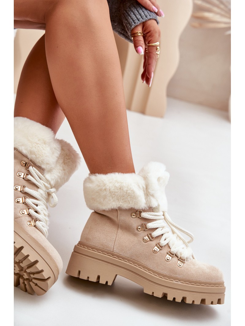 Lace-Up Women's Ankle Boots with Fur Light Beige Vaminia