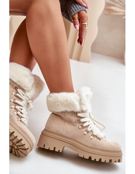 Lace-Up Women's Ankle Boots with Fur Light Beige Vaminia