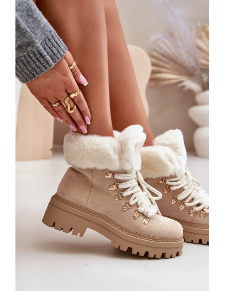 Lace-Up Women's Ankle Boots with Fur Light Beige Vaminia