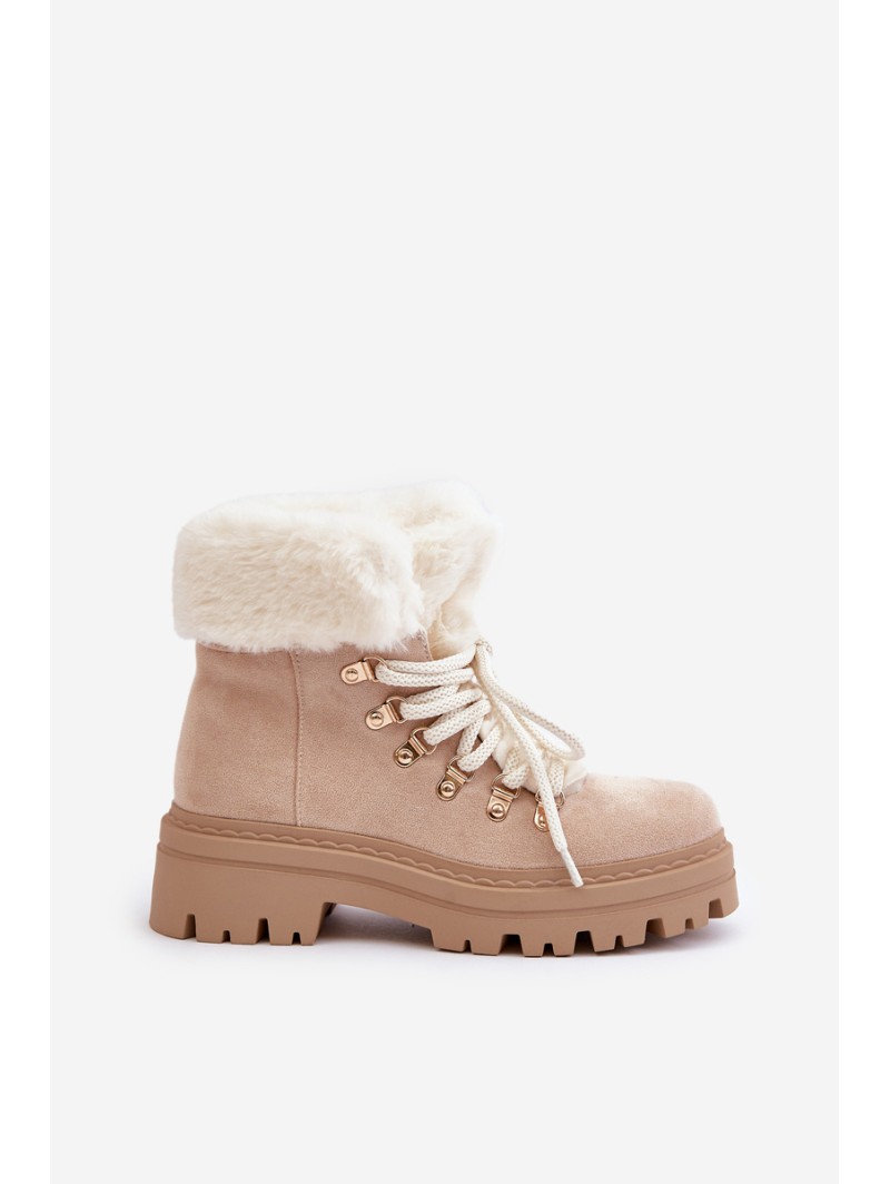 Lace-Up Women's Ankle Boots with Fur Light Beige Vaminia