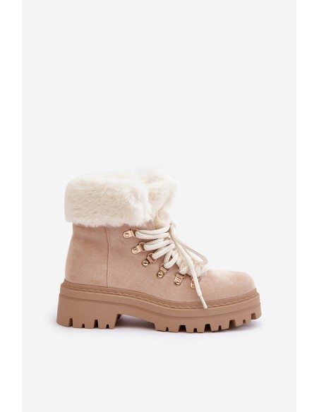 Lace-Up Women's Ankle Boots with Fur Light Beige Vaminia