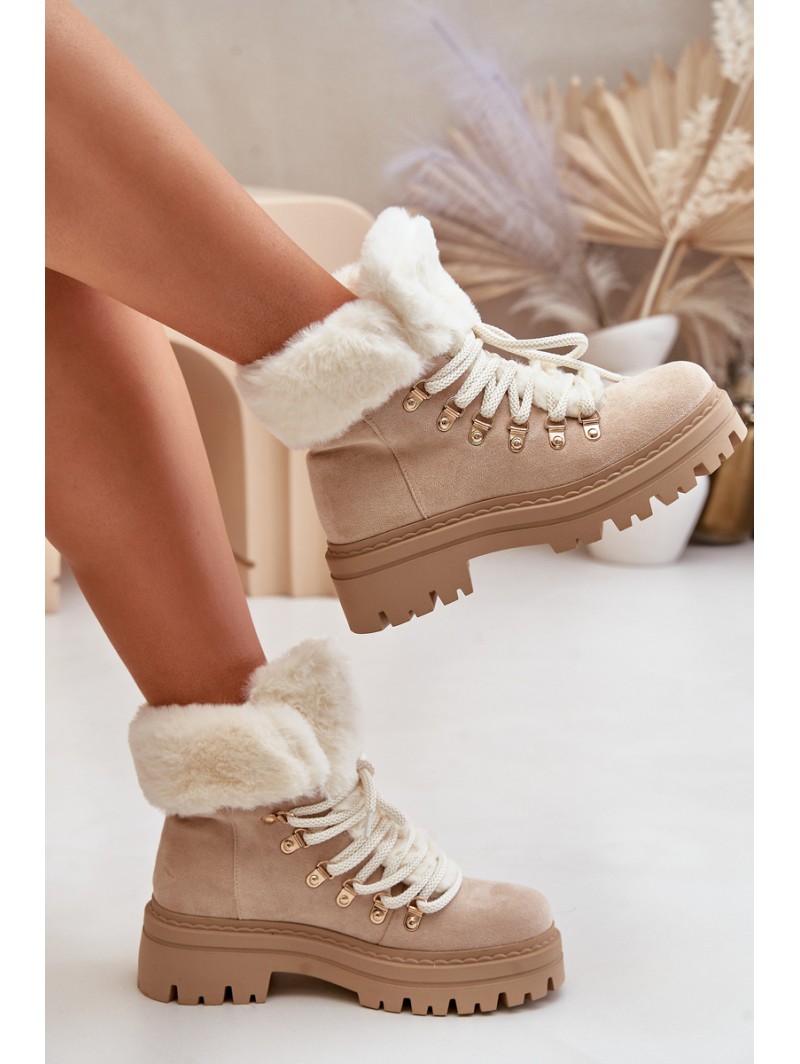 Lace-Up Women's Ankle Boots with Fur Light Beige Vaminia