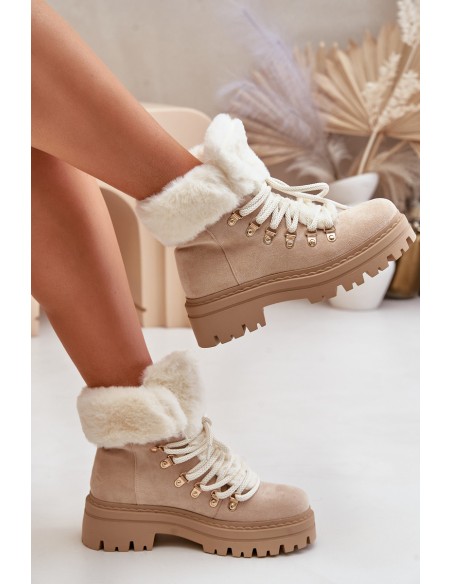 Lace-Up Women's Ankle Boots with Fur Light Beige Vaminia