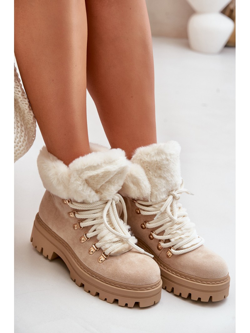 Lace-Up Women's Ankle Boots with Fur Light Beige Vaminia