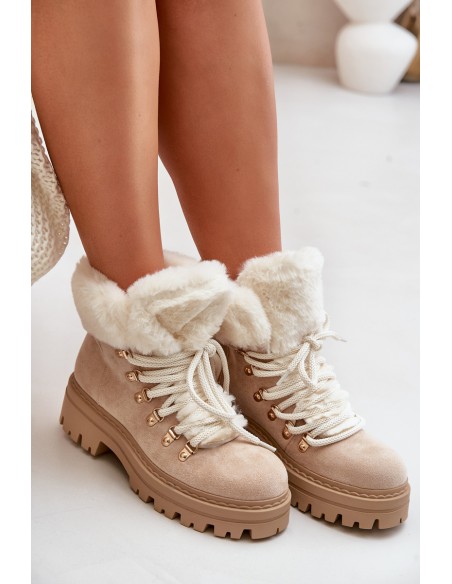 Lace-Up Women's Ankle Boots with Fur Light Beige Vaminia