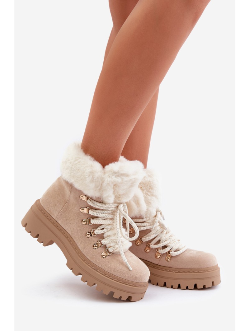 Lace-Up Women's Ankle Boots with Fur Light Beige Vaminia