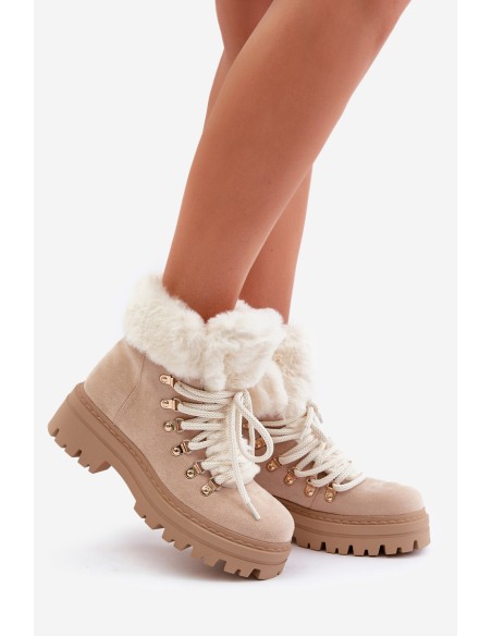 Lace-Up Women's Ankle Boots with Fur Light Beige Vaminia