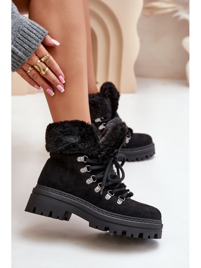 Lace Up Women's Boots With Fur Black Vaminia