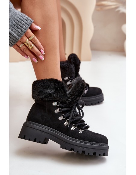 Lace Up Women's Boots With Fur Black Vaminia