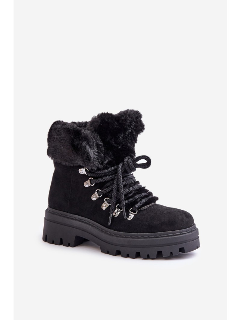 Lace Up Women's Boots With Fur Black Vaminia