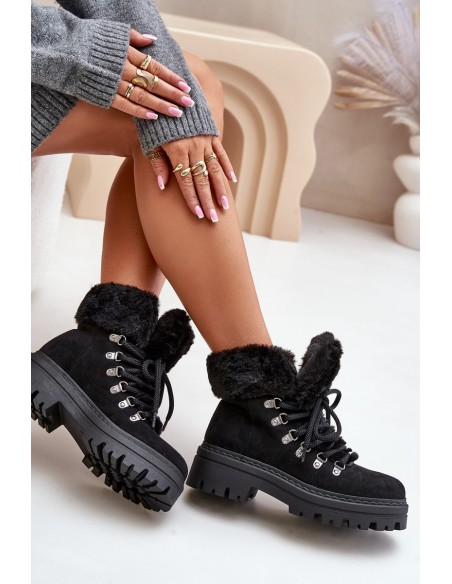 Lace Up Women's Boots With Fur Black Vaminia
