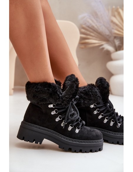 Lace Up Women's Boots With Fur Black Vaminia