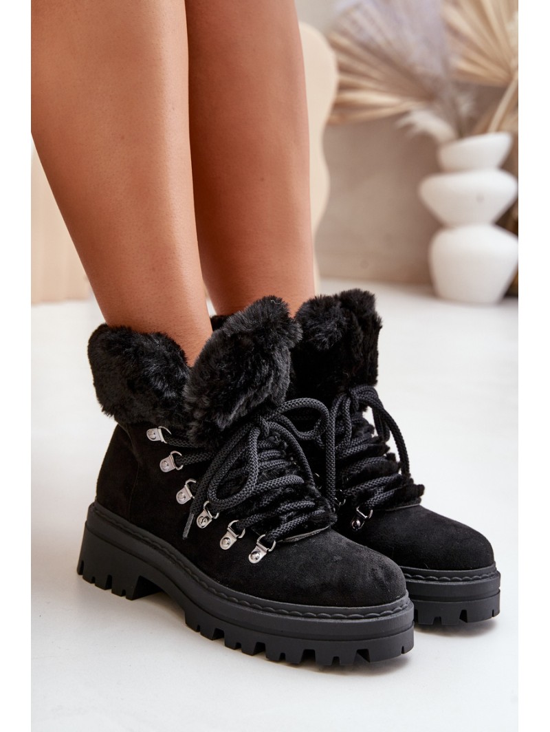 Lace Up Women's Boots With Fur Black Vaminia