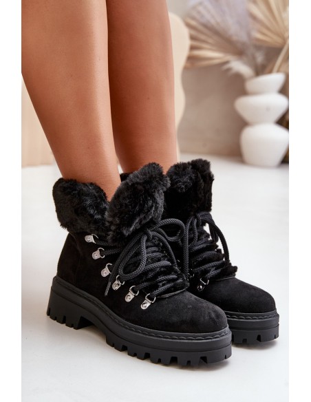 Lace Up Women's Boots With Fur Black Vaminia