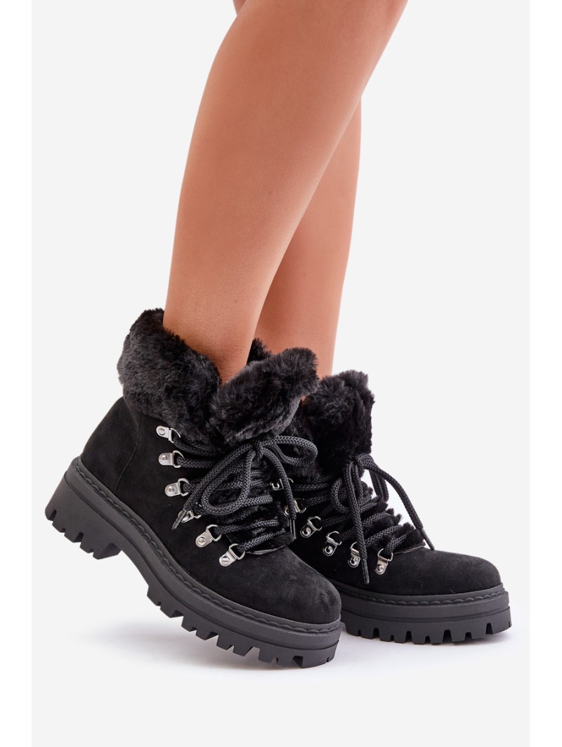 Lace Up Women's Boots With Fur Black Vaminia