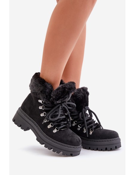 Lace Up Women's Boots With Fur Black Vaminia